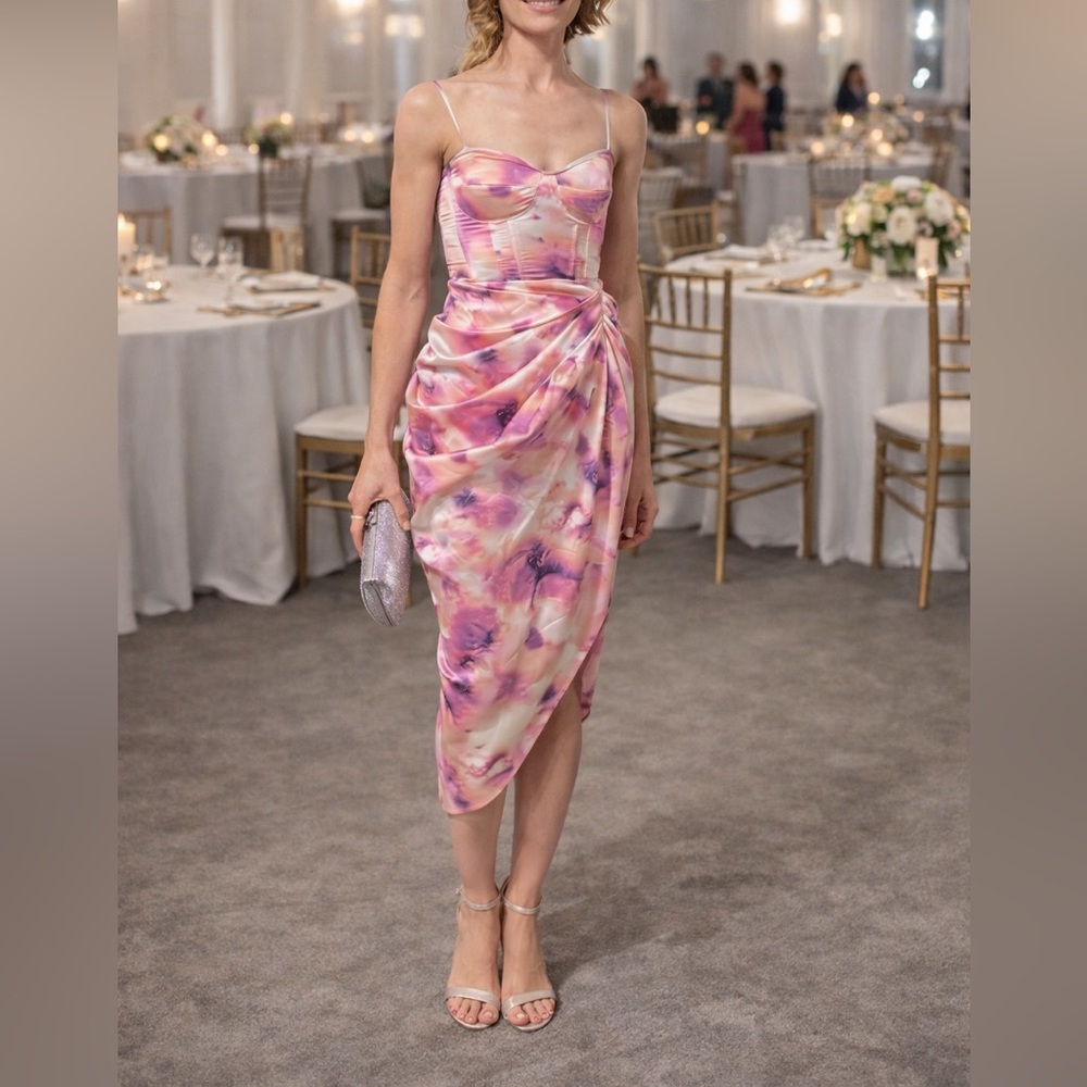 PrettyLittleThing Lilac Tie-Dye Print Ruched Skirt Corset Midi Dress